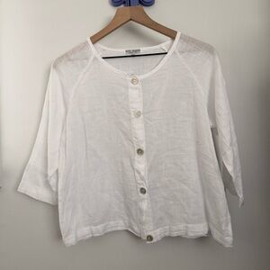 Russ Berens XS Button Up Crop Shirt White Boxy Sheer 3/4 Sleeve Cotton Lagen
